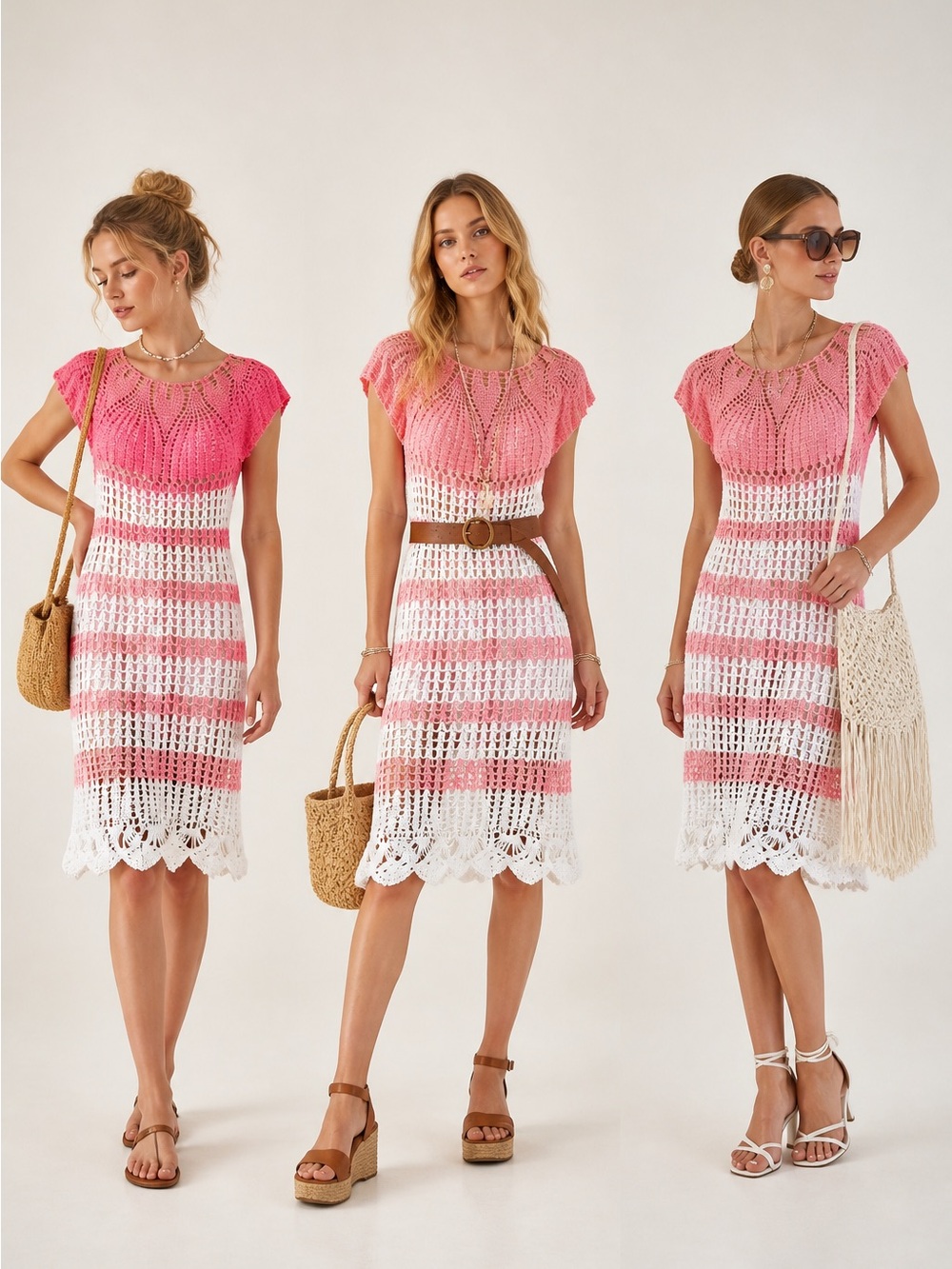 NWOT Swim Cover-up Or Crochet Striped Pink and White Knit Cover-Up/Dress